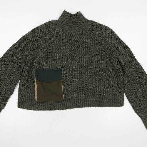 Zara Women Green Chunky Knit High Neck Pullover Jumper Size 12
