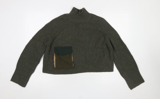 Zara Women Green Chunky Knit High Neck Pullover Jumper Size 12