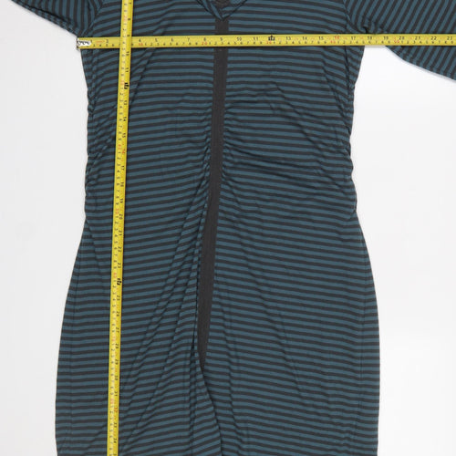 Sandwich Women Blue Striped XL V-Neck Long Sleeve Bodycon Dress