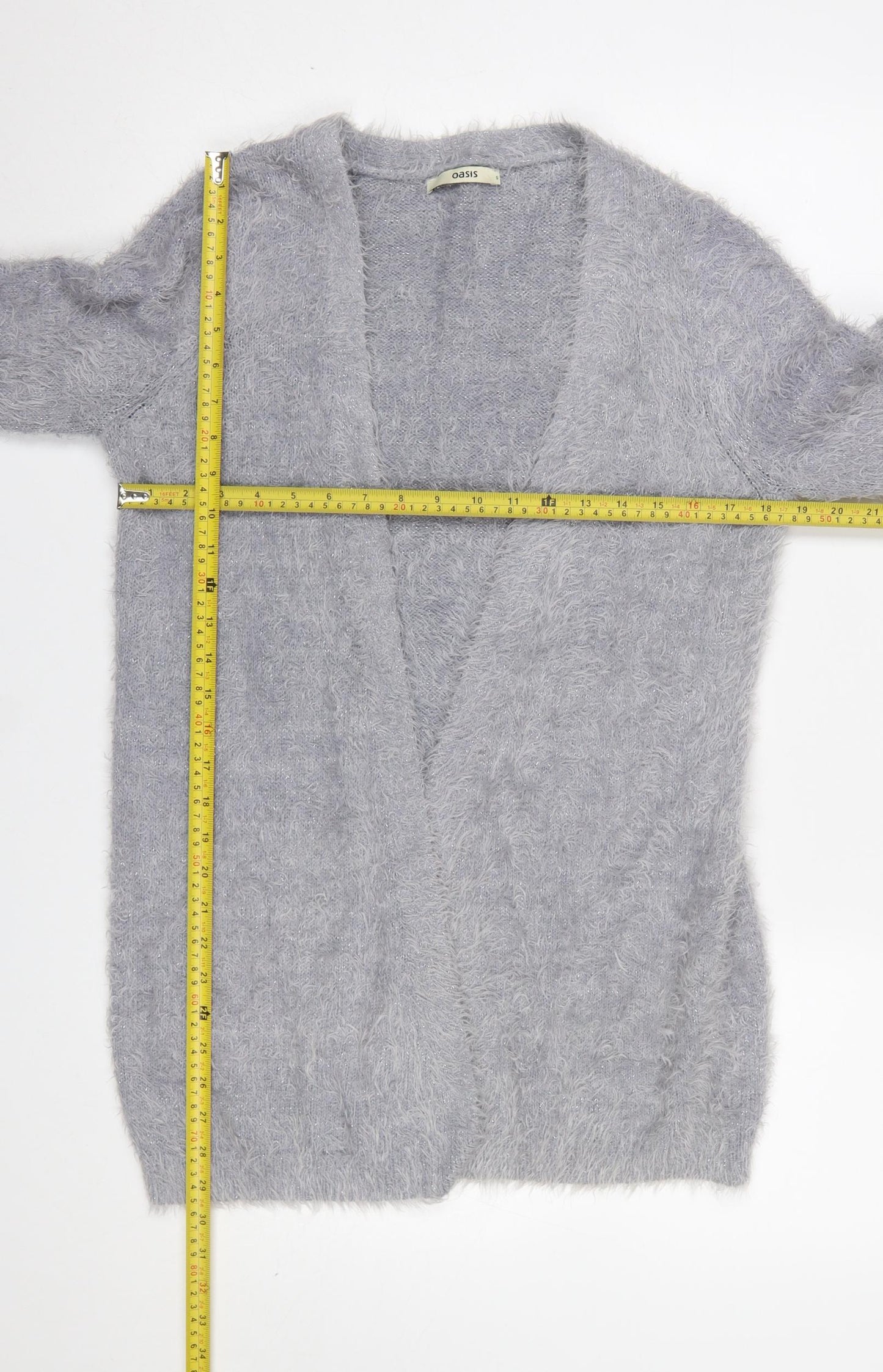 Oasis Women’s Grey Fuzzy Open Knit Long Sleeve Cardigan Size S