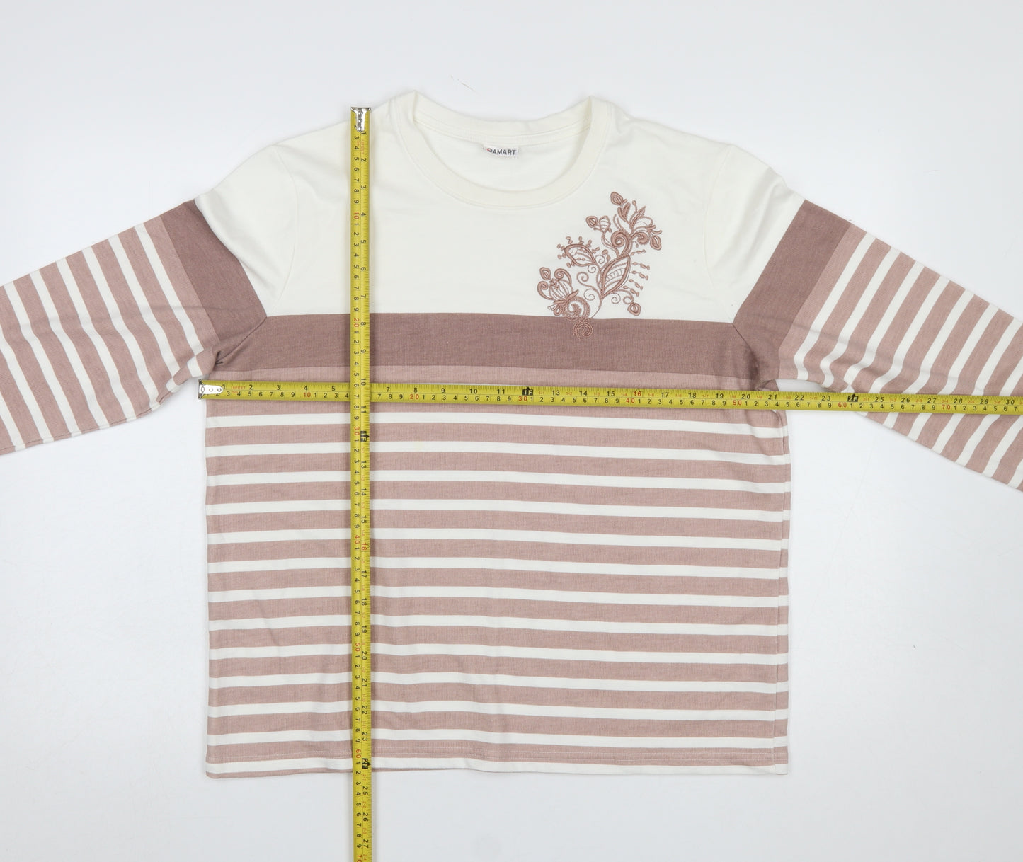 Damart Womens Cream Brown Striped Long Sleeve Jersey Top Size M 14/16