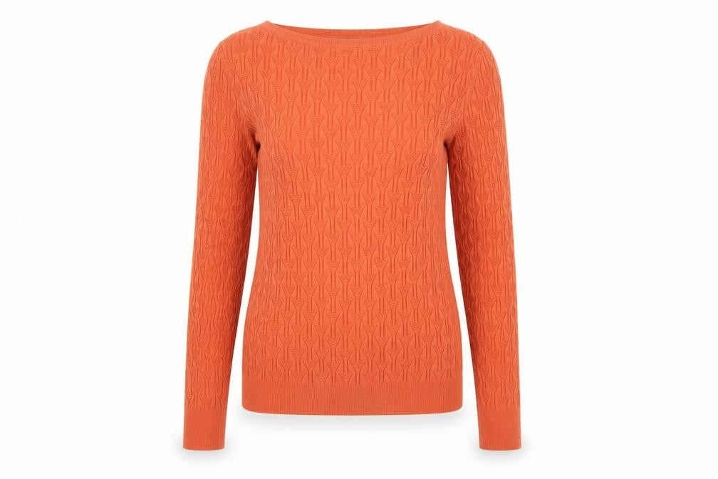 Front view of Warehouse Women’s Orange Cable Knit jumper, size UK 6
