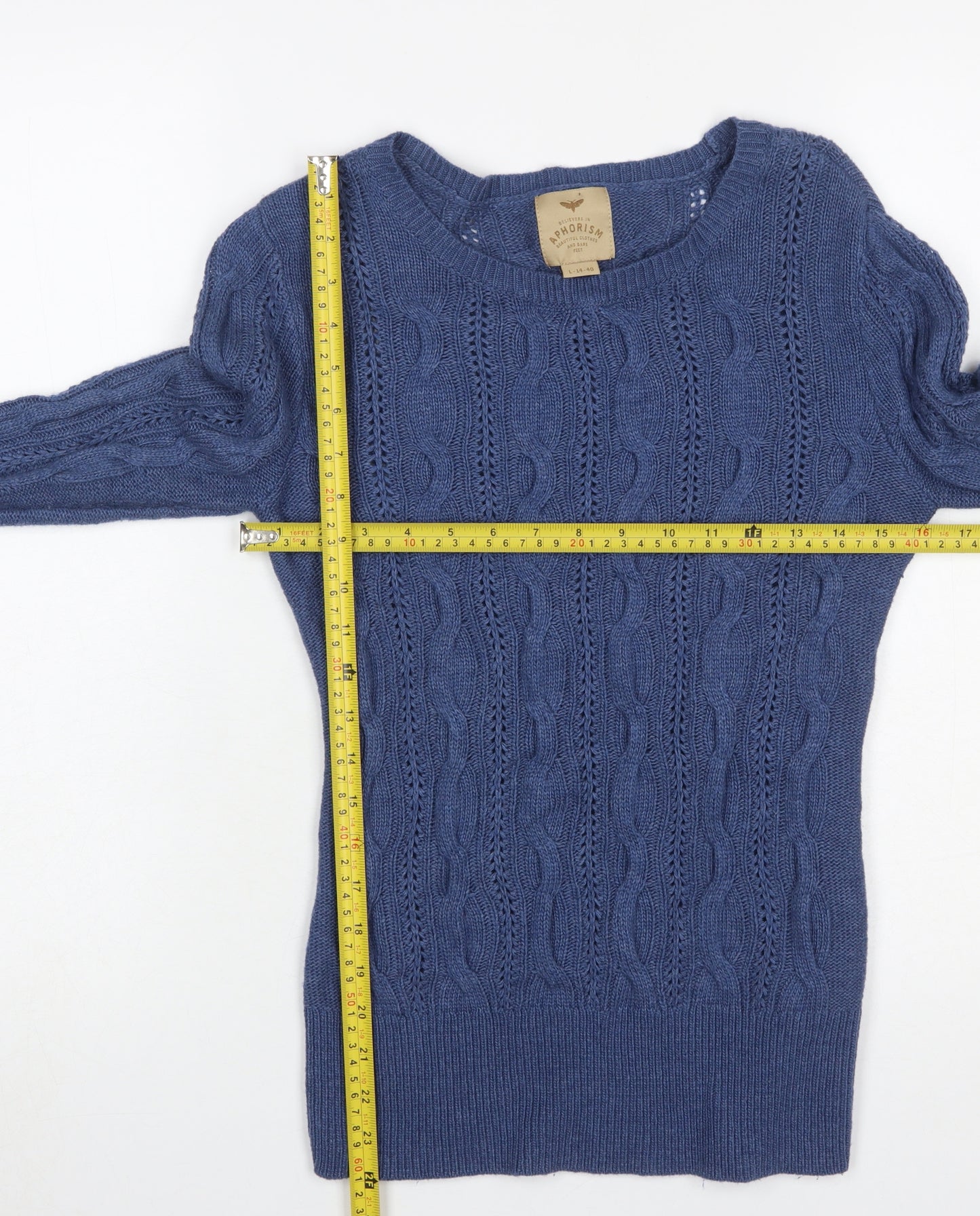 Aphorism Women's Blue Cable Knit Crew Neck Jumper Size L