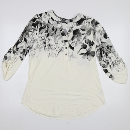 Roman Women’s Ivory Floral V-Neck 3/4 Sleeve Tunic Blouse Size 10