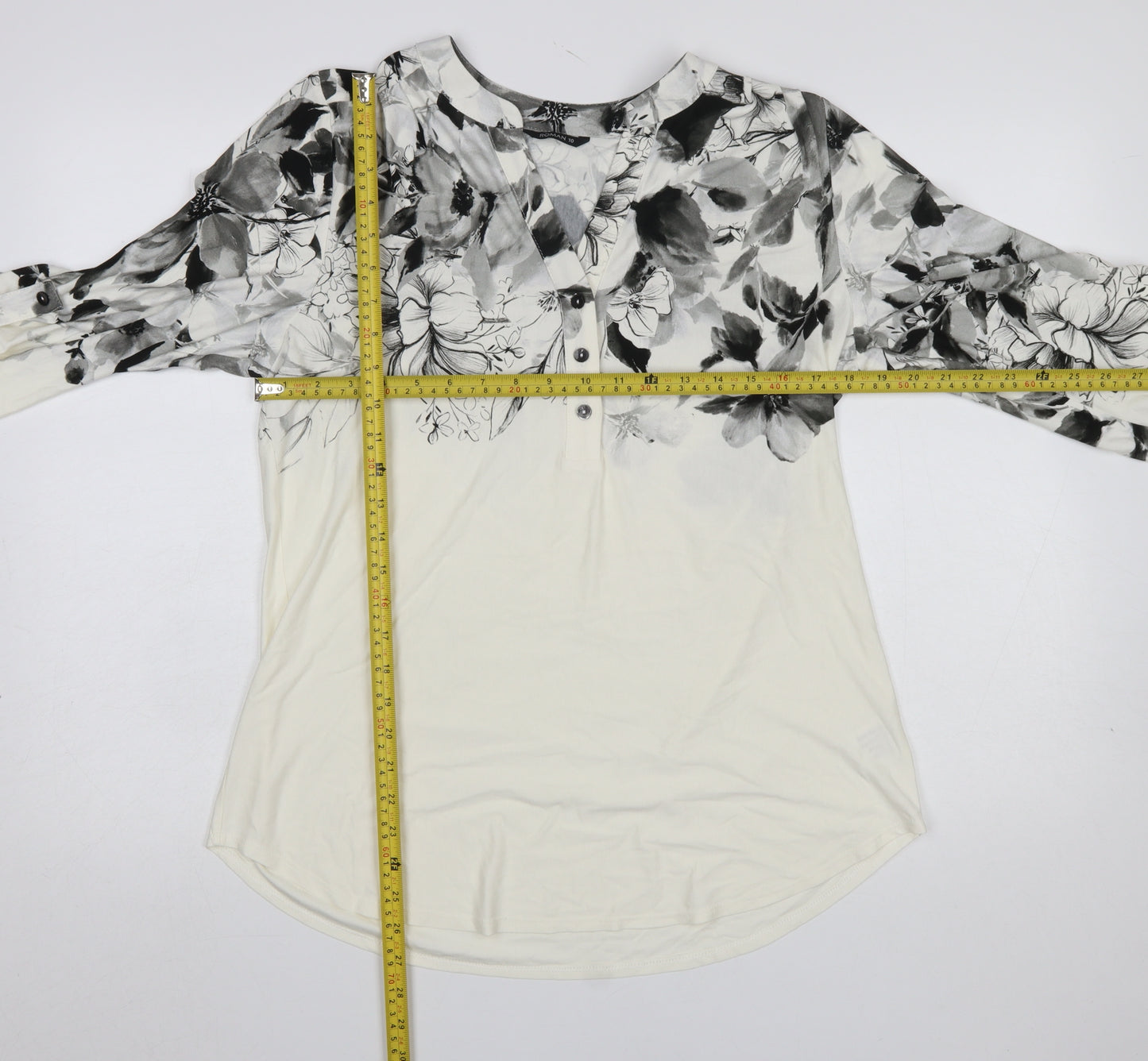 Roman Women’s Ivory Floral V-Neck 3/4 Sleeve Tunic Blouse Size 10