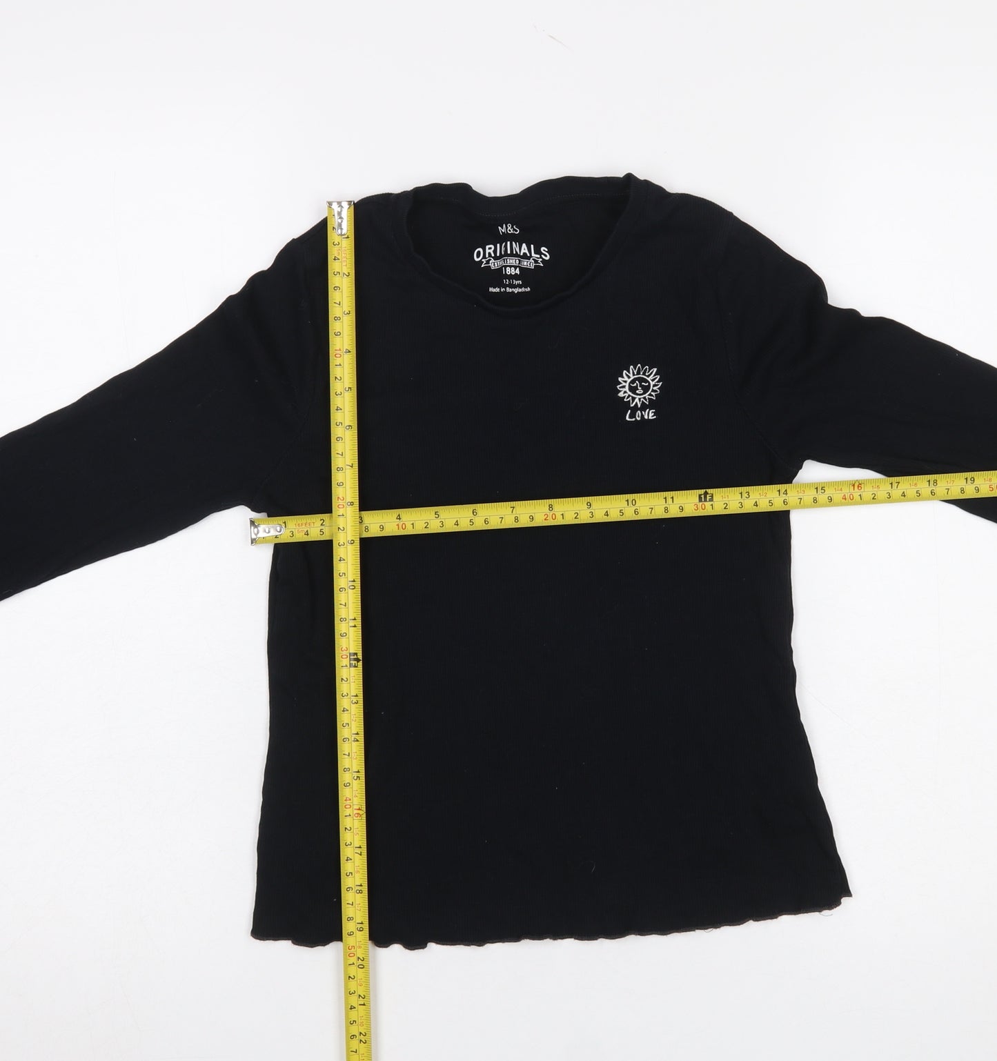 Marks and Spencer Girls Black Long Sleeve Embroidered Love T-Shirt 13-14Y