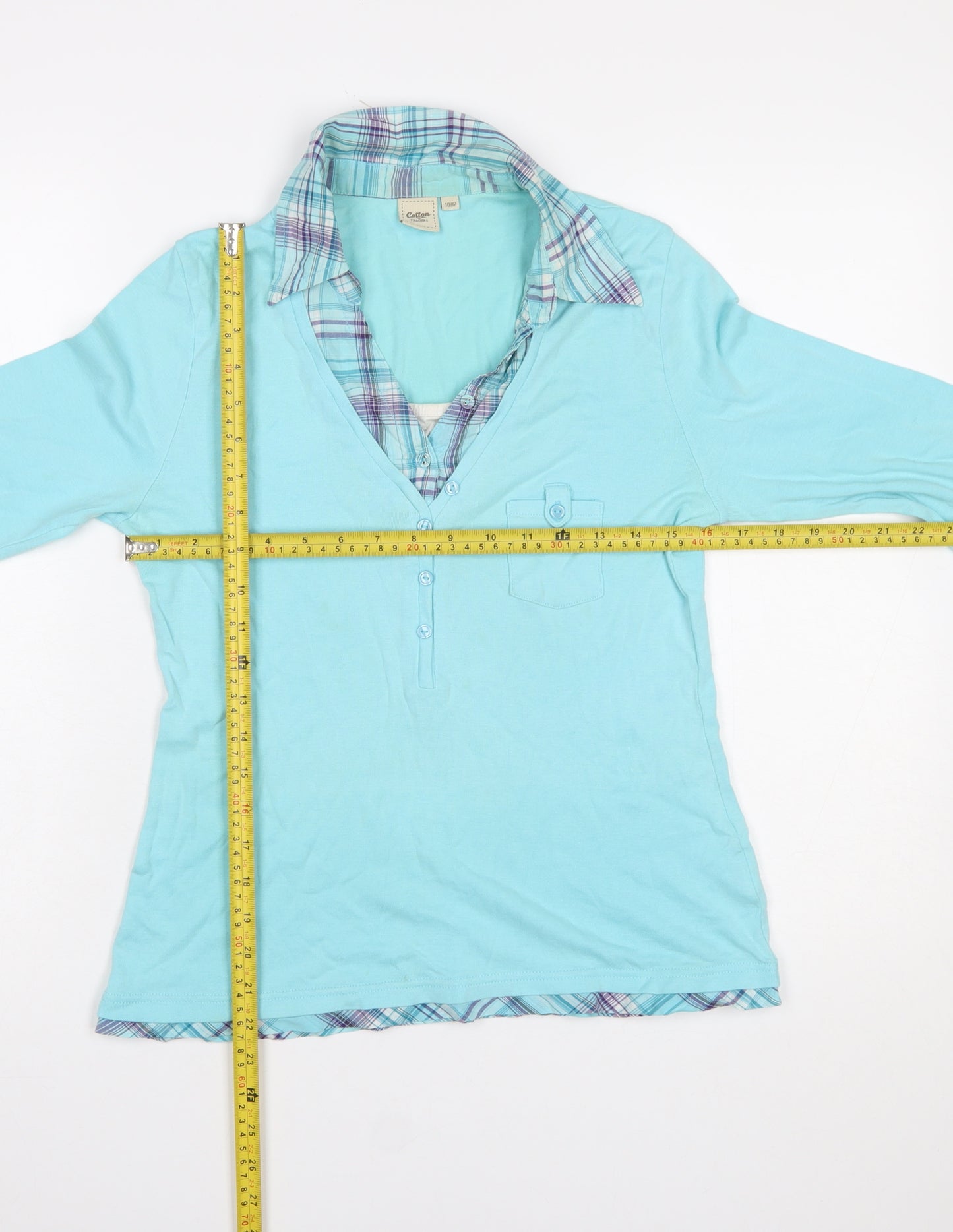 Cotton Traders Women’s Blue V-Neck 3/4 Sleeve Cotton Blouse Size 10