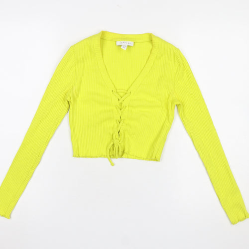 Topshop Petite Yellow Cropped Ribbed Long Sleeve Lace-Up Blouse UK 8