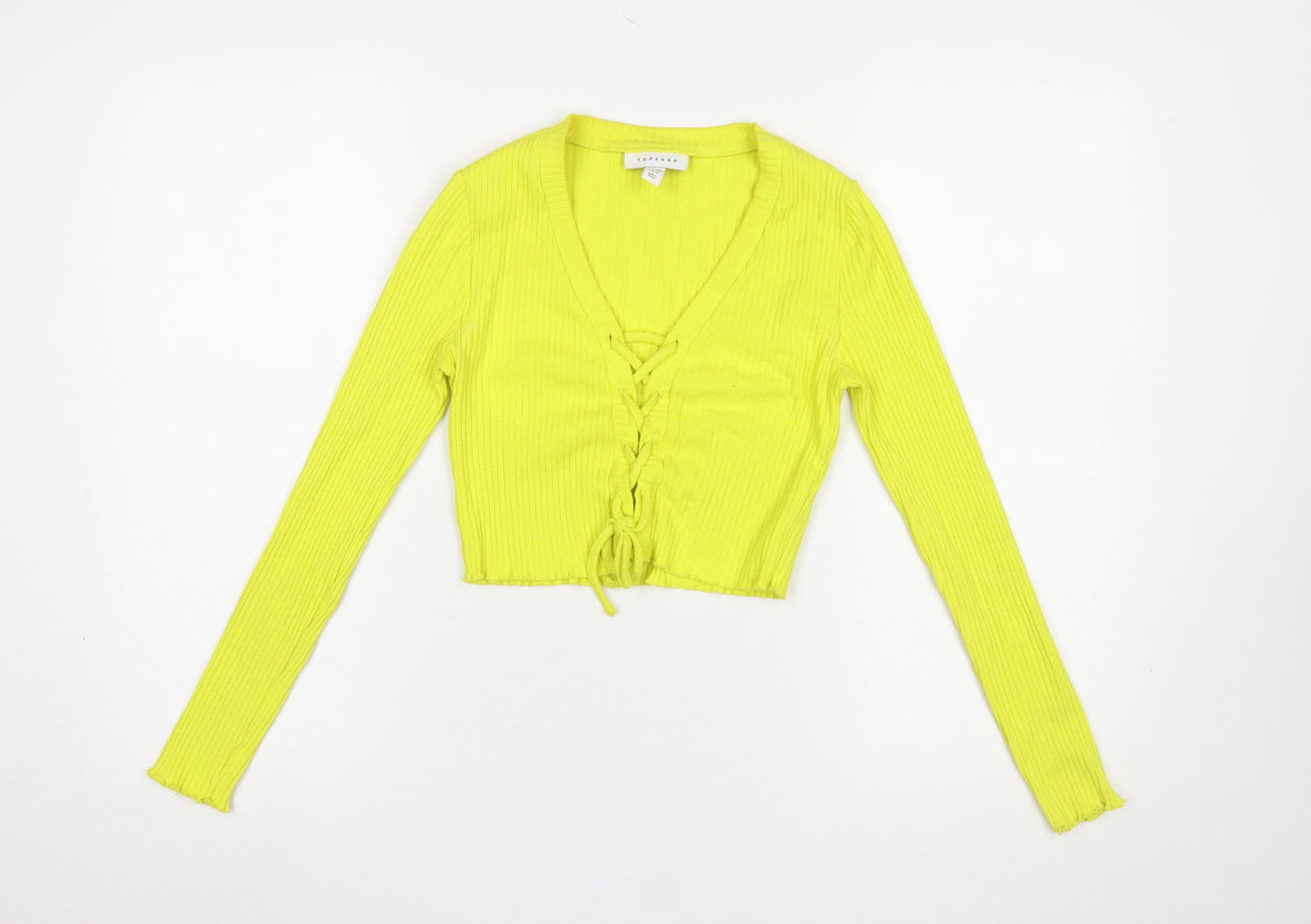 Topshop Petite Yellow Cropped Ribbed Long Sleeve Lace-Up Blouse UK 8