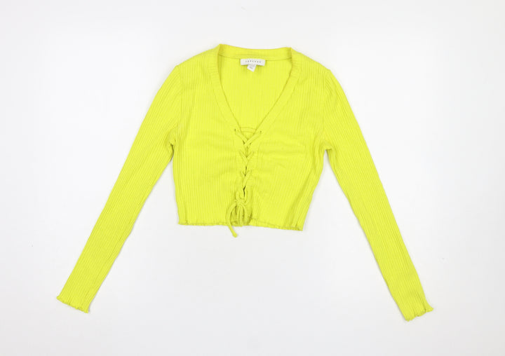 Topshop Petite Yellow Cropped Ribbed Long Sleeve Lace-Up Blouse UK 8