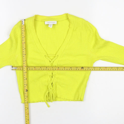 Topshop Petite Yellow Cropped Ribbed Long Sleeve Lace-Up Blouse UK 8