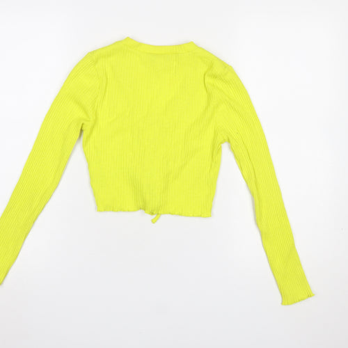 Topshop Petite Yellow Cropped Ribbed Long Sleeve Lace-Up Blouse UK 8
