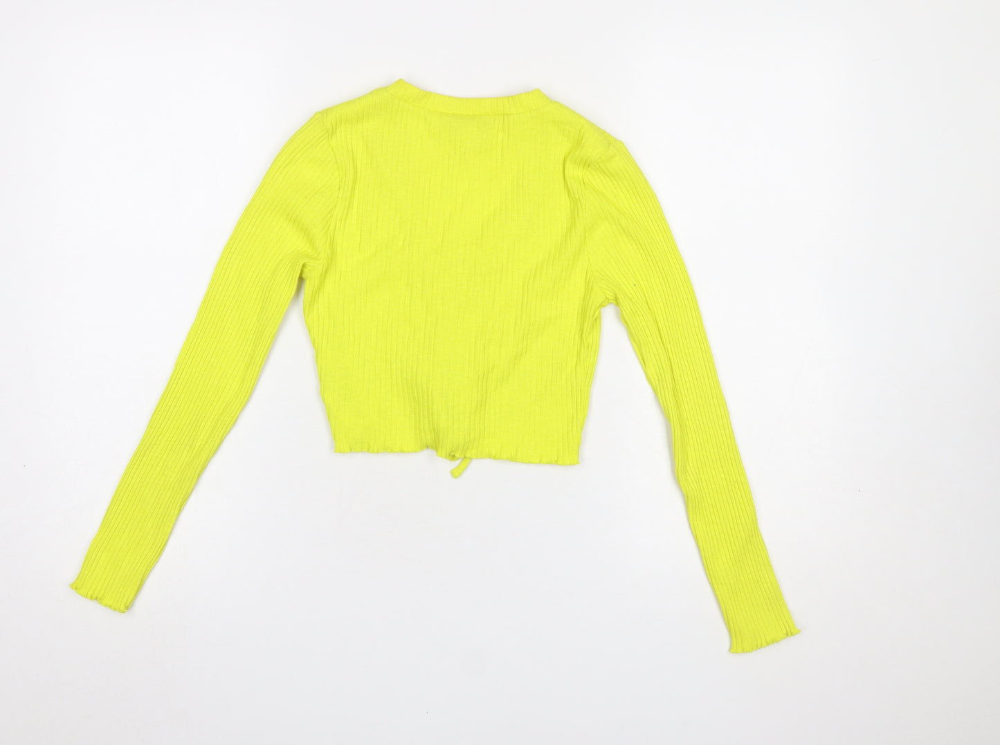 Topshop Petite Yellow Cropped Ribbed Long Sleeve Lace-Up Blouse UK 8