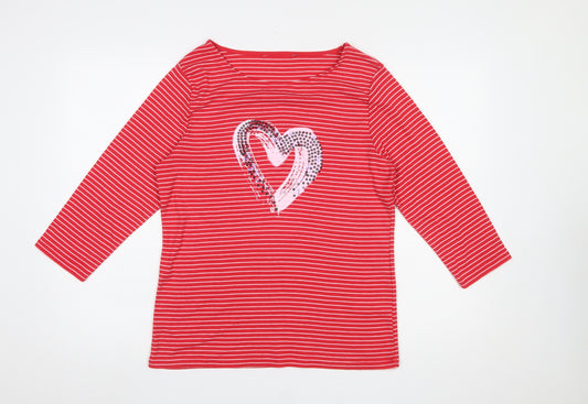 Bonmarché Women’s Red Striped Sequin Heart 3/4 Sleeve T-Shirt Size 14