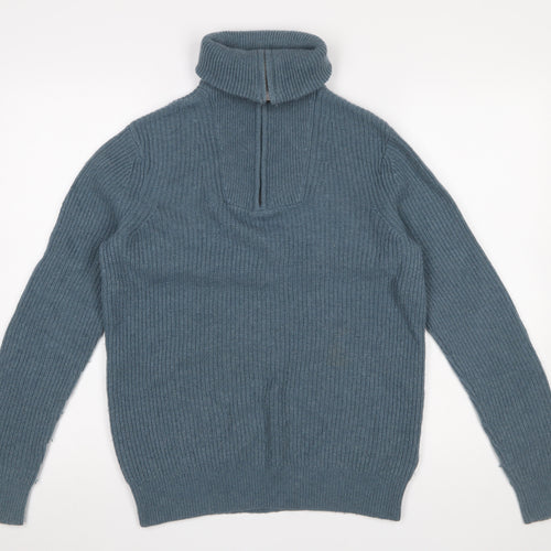 Savile Row Company Men's Blue Lambswool Roll Neck 1/4 Zip Jumper M