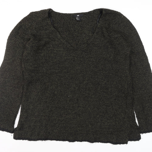 H&M Womens Green Chunky-Knit V-Neck Long Sleeve Pullover Jumper Size M