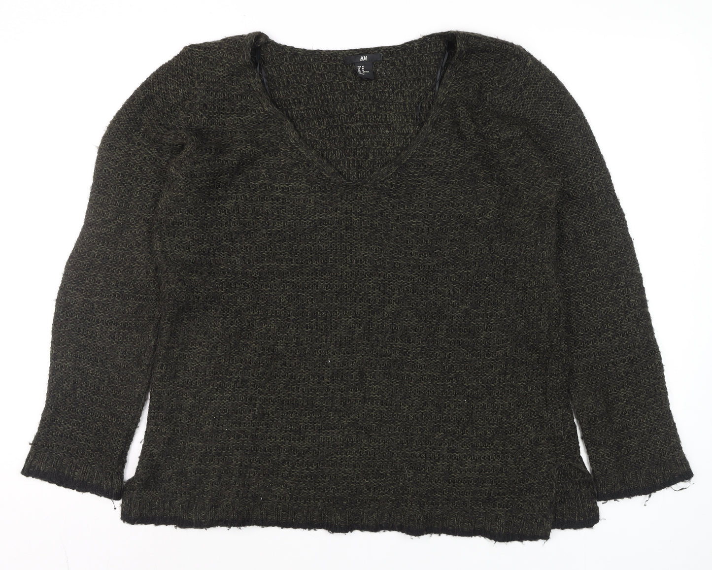 H&M Womens Green Chunky-Knit V-Neck Long Sleeve Pullover Jumper Size M