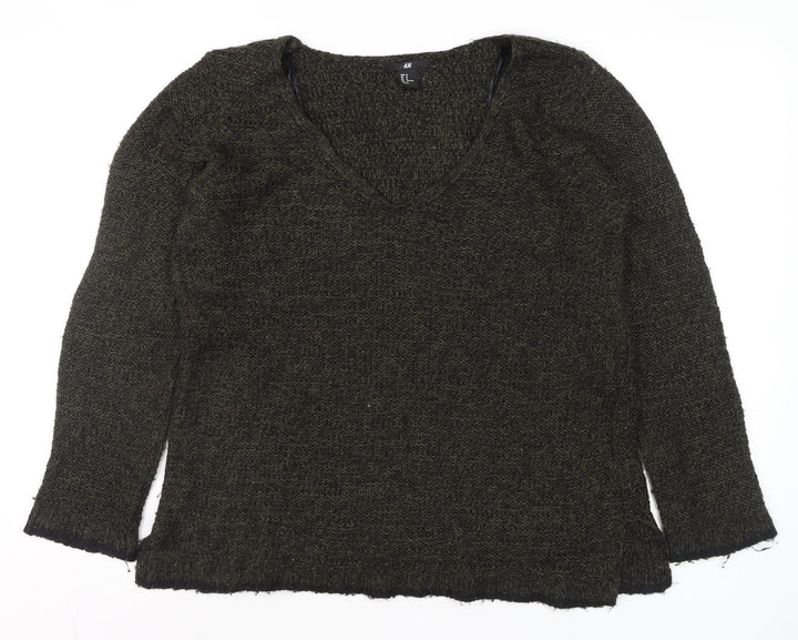 H&M Womens Green Chunky-Knit V-Neck Long Sleeve Pullover Jumper Size M