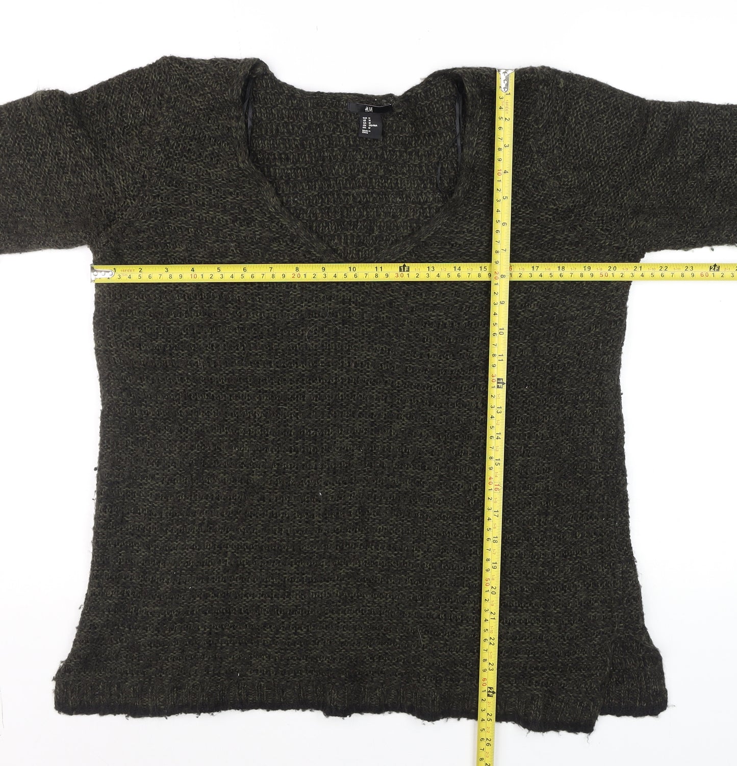 H&M Womens Green Chunky-Knit V-Neck Long Sleeve Pullover Jumper Size M