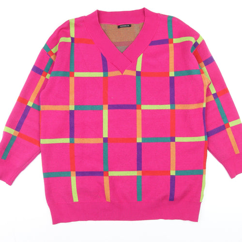 Roman Women’s Pink Check V-Neck Long Sleeve Pullover Jumper Size 14