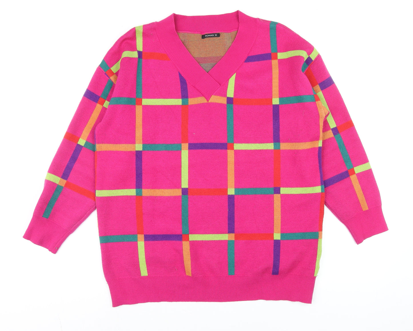 Roman Women’s Pink Check V-Neck Long Sleeve Pullover Jumper Size 14
