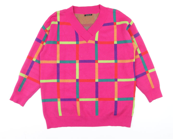 Roman Women’s Pink Check V-Neck Long Sleeve Pullover Jumper Size 14