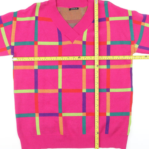 Roman Women’s Pink Check V-Neck Long Sleeve Pullover Jumper Size 14
