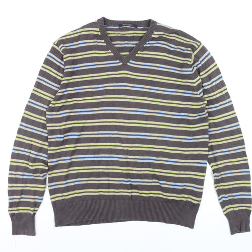 McNeal Men's Brown Striped Cotton V-Neck Jumper Size M
