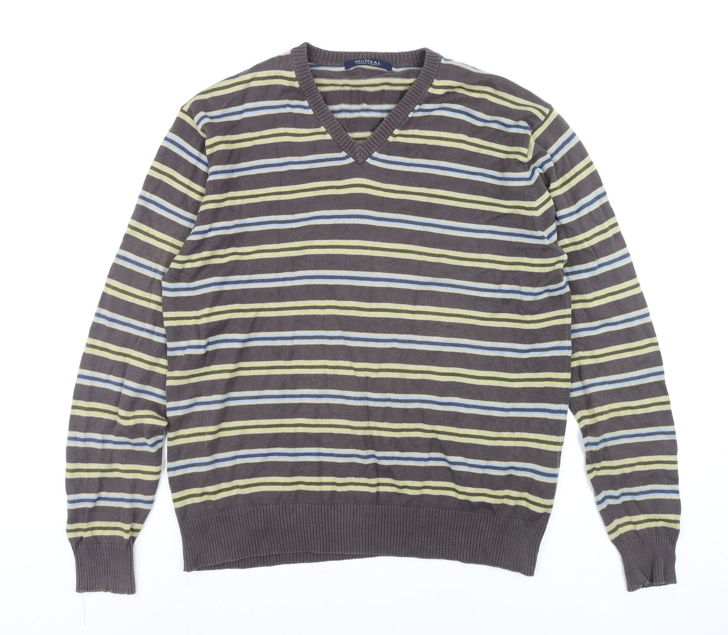 McNeal Men's Brown Striped Cotton V-Neck Jumper Size M