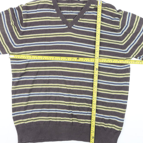 McNeal Men's Brown Striped Cotton V-Neck Jumper Size M
