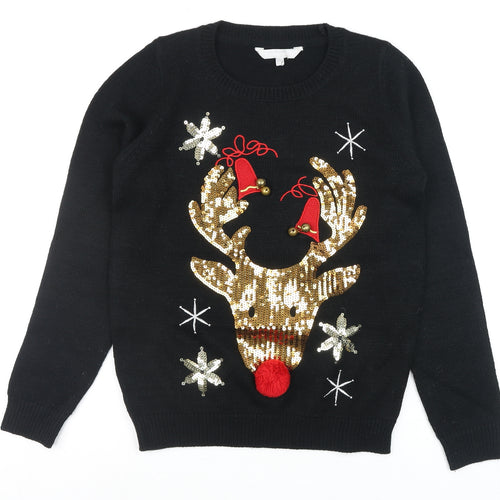 Red Herring Womens Black Christmas Reindeer Sequin Jumper Size 10