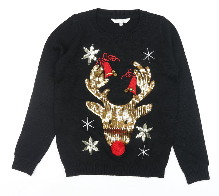 Red Herring Womens Black Christmas Reindeer Sequin Jumper Size 10