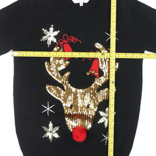 Red Herring Womens Black Christmas Reindeer Sequin Jumper Size 10