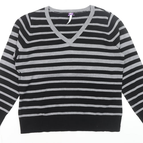 BHS Women’s Black Grey Striped V-Neck Acrylic Jumper Size 16