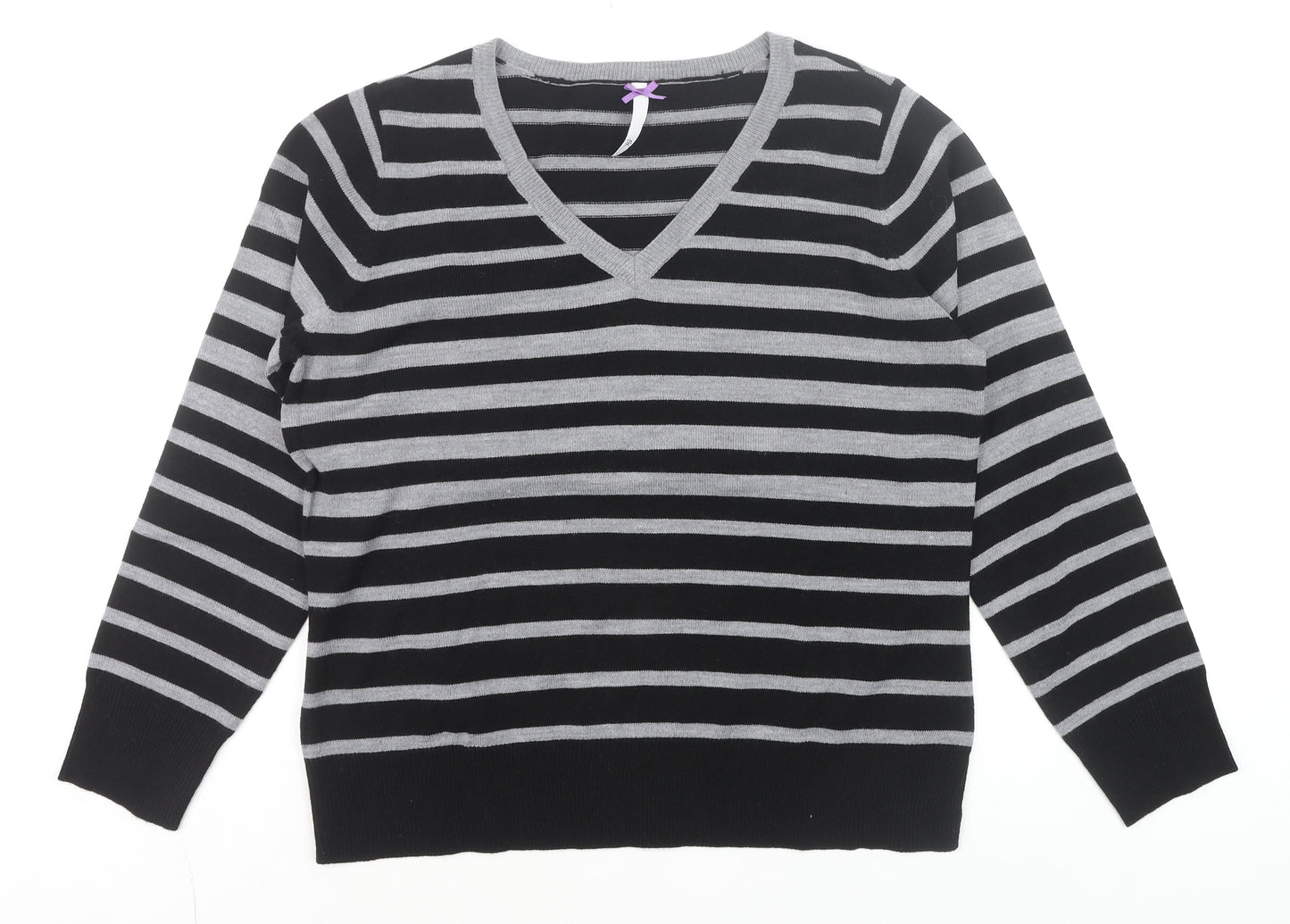 BHS Women’s Black Grey Striped V-Neck Acrylic Jumper Size 16