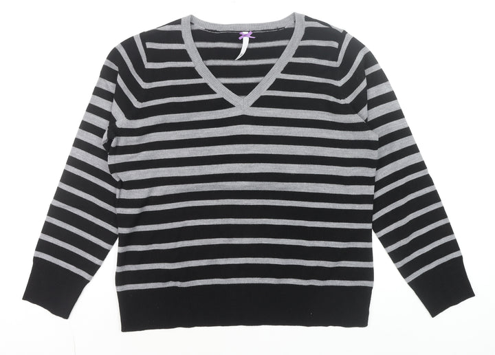 BHS Women’s Black Grey Striped V-Neck Acrylic Jumper Size 16