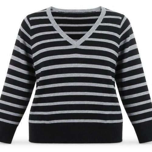 BHS Women’s Black Grey Striped V-Neck Acrylic Jumper Size 16