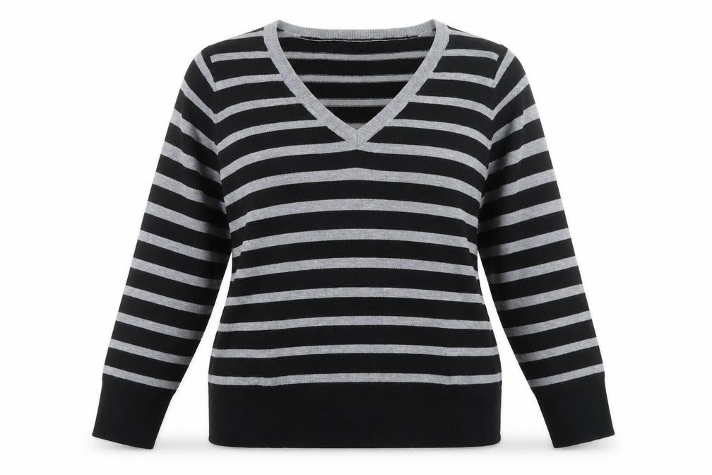 BHS Women’s Black Grey Striped V-Neck Acrylic Jumper Size 16