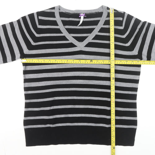 BHS Women’s Black Grey Striped V-Neck Acrylic Jumper Size 16