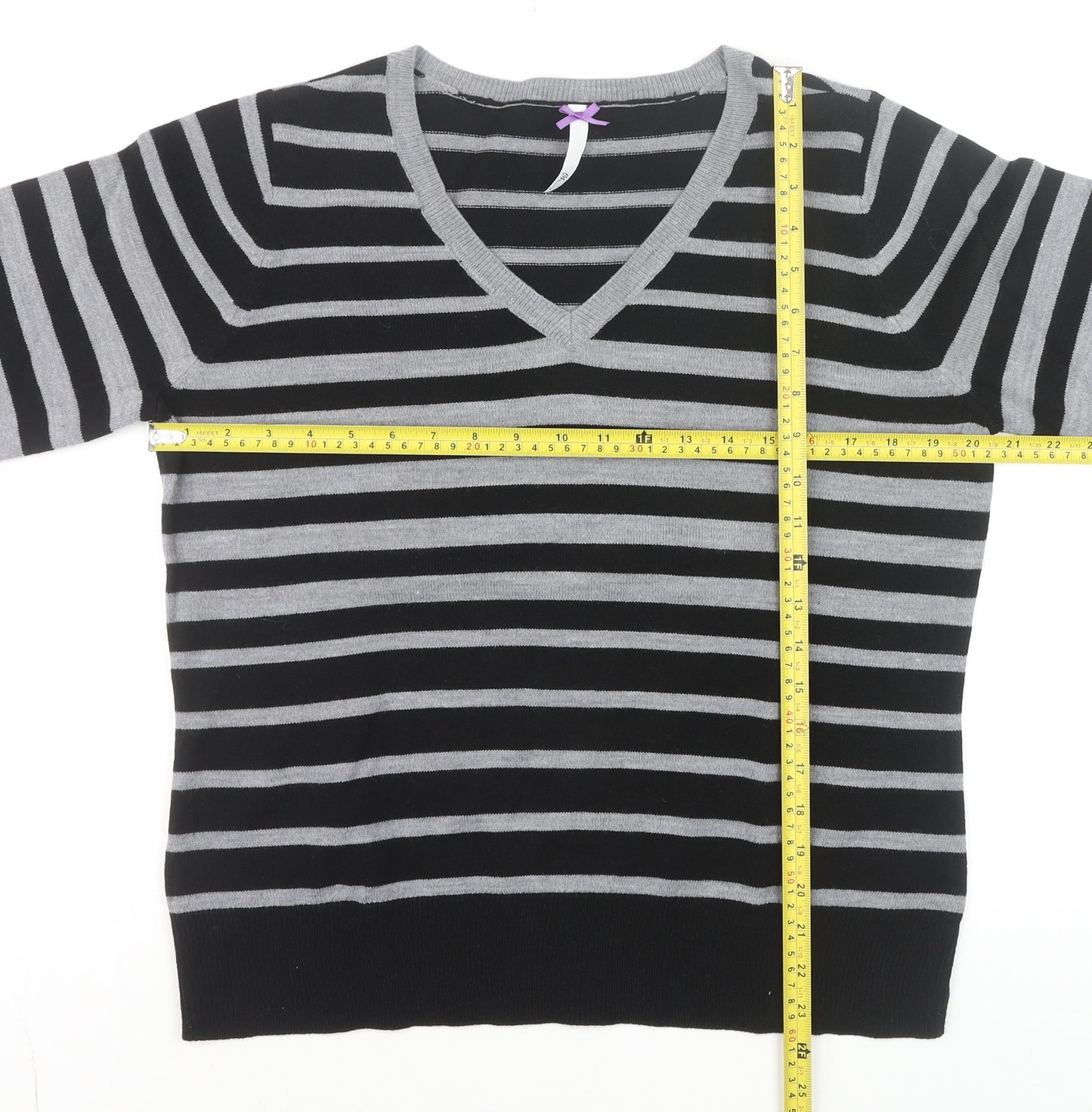 BHS Women’s Black Grey Striped V-Neck Acrylic Jumper Size 16