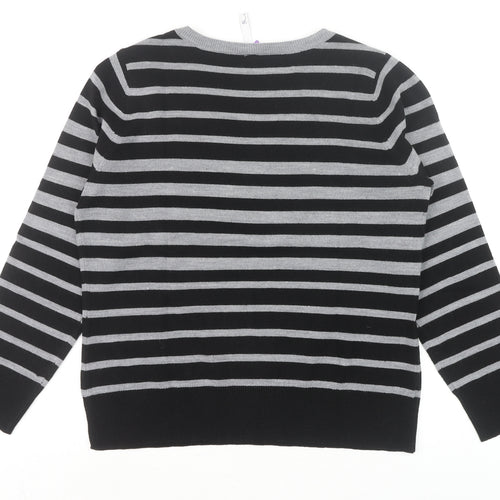 BHS Women’s Black Grey Striped V-Neck Acrylic Jumper Size 16