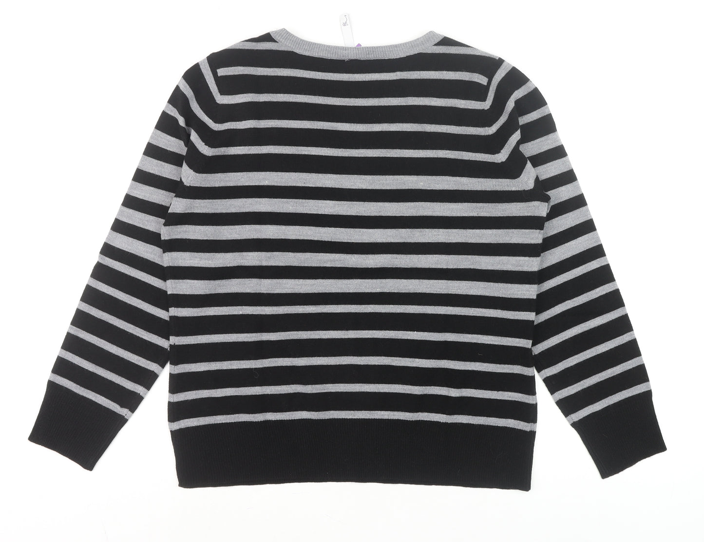 BHS Women’s Black Grey Striped V-Neck Acrylic Jumper Size 16