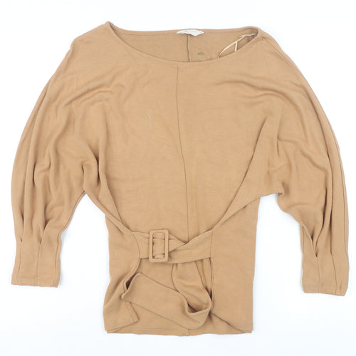 Tu Women Beige Belted Tunic Blouse Size 12 3/4 Sleeve Viscose Blend