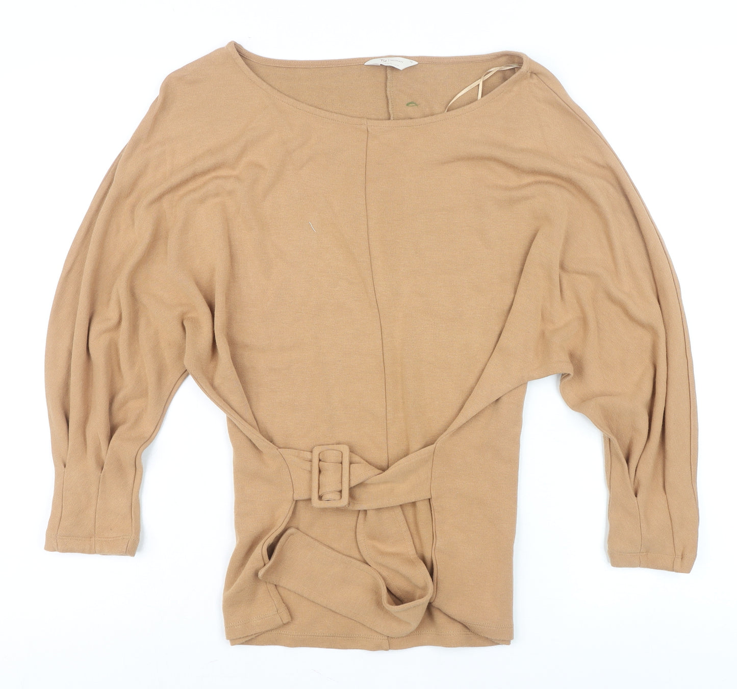 Tu Women Beige Belted Tunic Blouse Size 12 3/4 Sleeve Viscose Blend