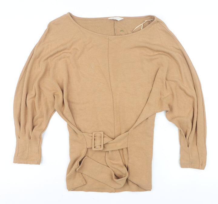 Tu Women Beige Belted Tunic Blouse Size 12 3/4 Sleeve Viscose Blend