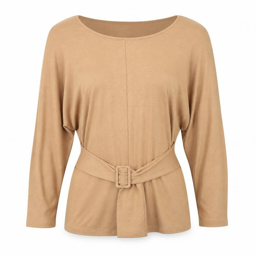 Tu Women Beige Belted Tunic Blouse Size 12 3/4 Sleeve Viscose Blend