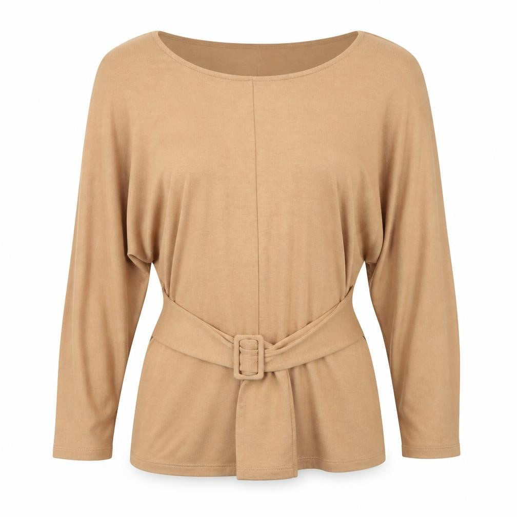 Tu Women Beige Belted Tunic Blouse Size 12 3/4 Sleeve Viscose Blend