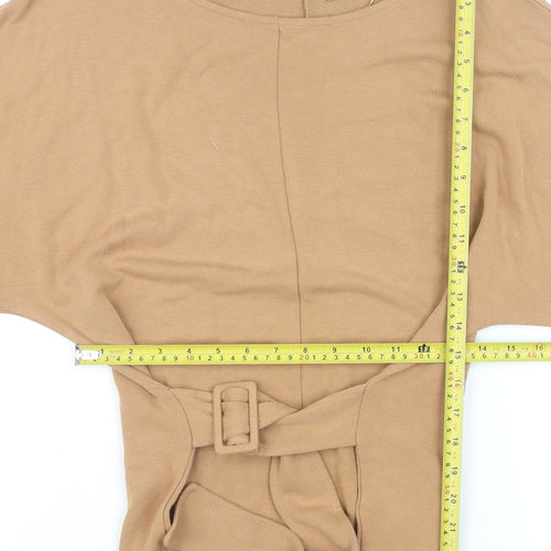 Tu Women Beige Belted Tunic Blouse Size 12 3/4 Sleeve Viscose Blend
