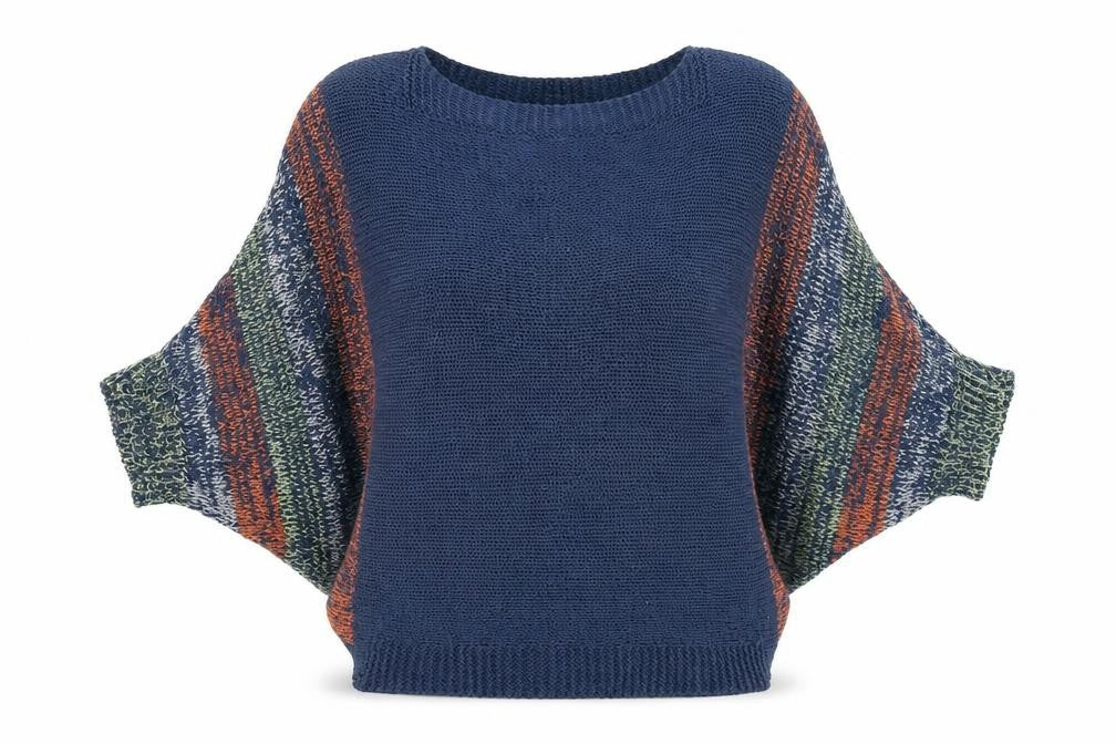 Front view of Wal G women’s blue striped open-knit relaxed jumper, size M