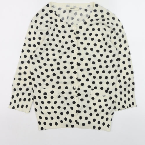 Oasis Women Ivory Black Polka Dot Cotton Cardigan Size S